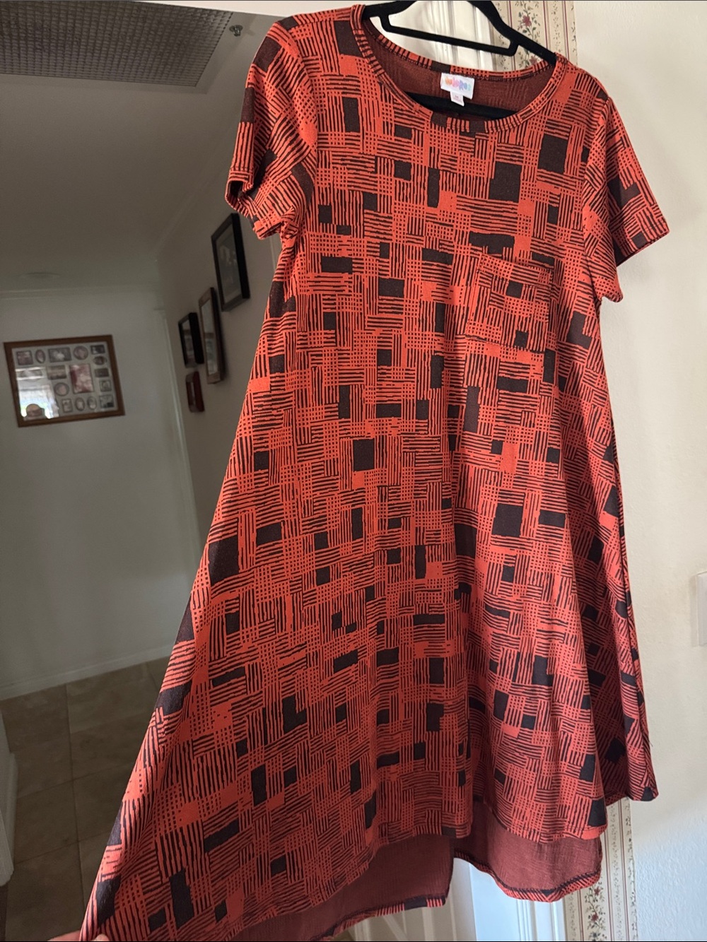 LuLaRoe Carly Orange and Black Geometric Midi Dress